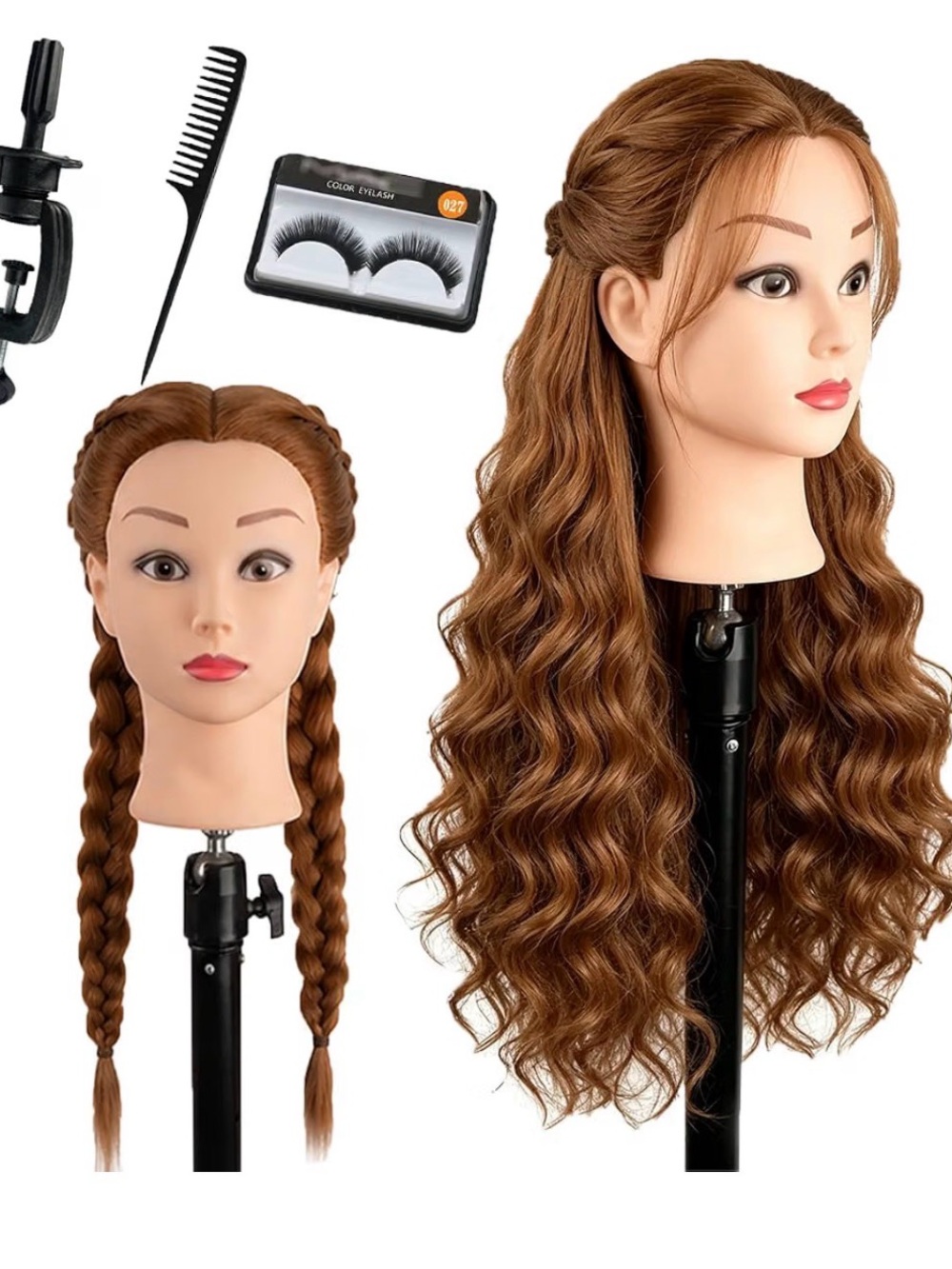 Brown Hair Styling Practice Mannequin Head with Accessories